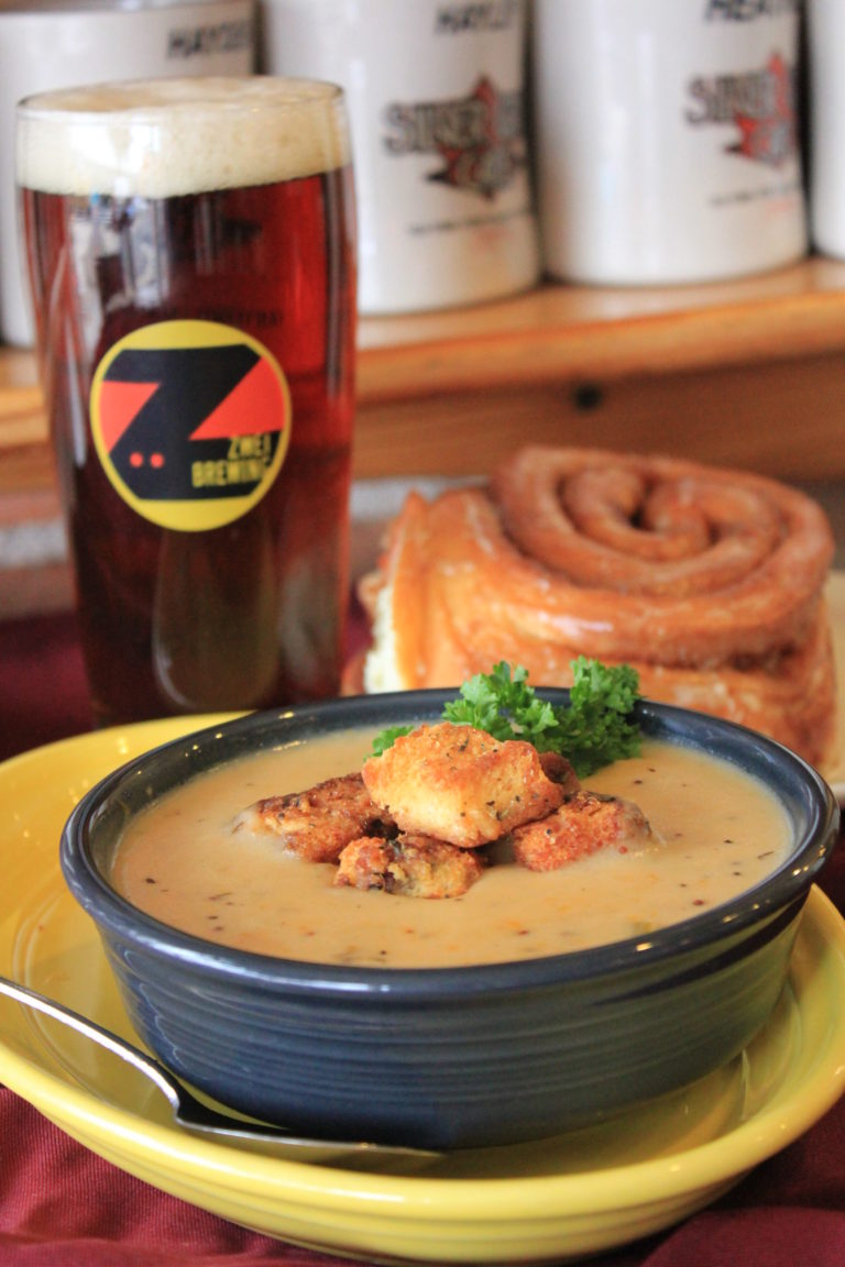 Beer cheese soup. Cinnamon roll croutons & the beer is brewed locally by Zwei